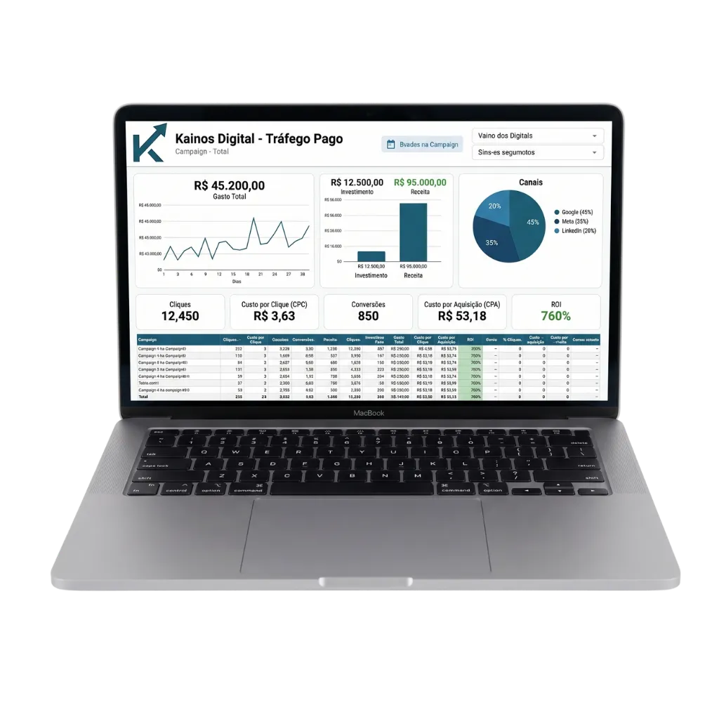 Dashboard de Tráfego Pago da Kainos Digital em um MacBook